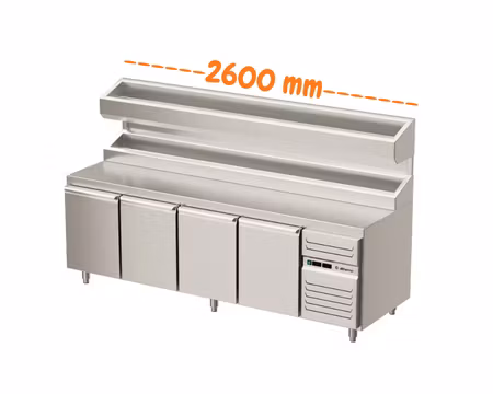 Pizzakylbänk 4 Dörrar Med Upphöjd Kylränna (dubbel kylränna), 2600x800x900mm, Allthermo