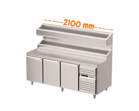 Pizzakylbänk 3 Dörrar Med Upphöjd Kylränna (dubbel kylränna), 2100x800x900mm, Allthermo