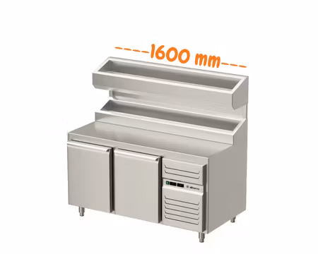 Pizzakylbänk 2 Dörrar Med Upphöjd Kylränna (dubbel kylränna), 1600x800x900mm, Allthermo