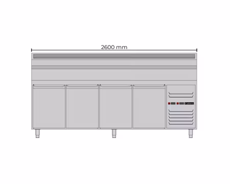 Pizzakylbänk 4 Dörrar Med Upphöjd Kylränna, 2600x800x900mm, Allthermo