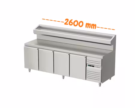 Pizzakylbänk 4 Dörrar Med Upphöjd Kylränna, 2600x800x900mm, Allthermo