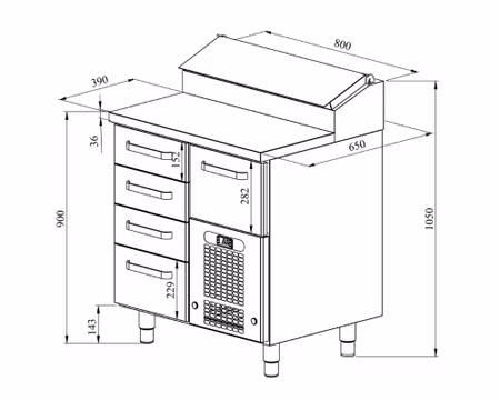 Kallskänkskylbänk KLE-805 5st Lådor Med Ram För GN1/1(3x100mm+1x150mm+1x200mm), 800x650x900mm, COOLPART