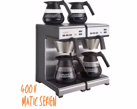 Kaffebryggare Matic Twin 400V (3-Fas) Med 4 Värmeplattor - Med Vattenanslutning, 4st Kannor Ingår, BRAVILOR BONAMAT