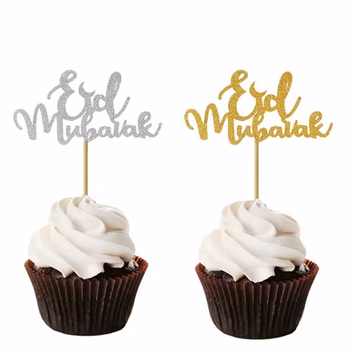 10pack Eid Mubarak Glitter Cupcakes Toppers, guld/silver, 4*7 cm, Återanvändbara!