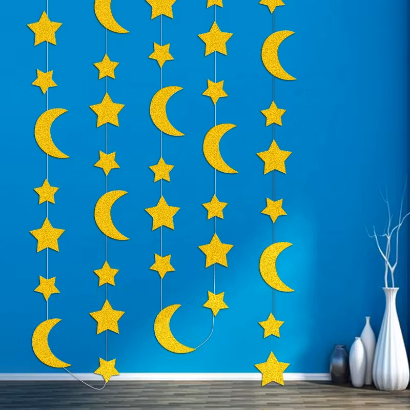 Ramadan och Eid Guldglittrande Stjärnor och Månar - 4 m lång!
