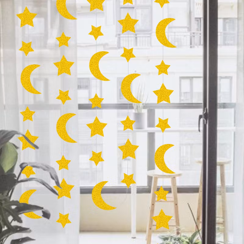 Ramadan och Eid Guldglittrande Stjärnor och Månar - 4 m lång!