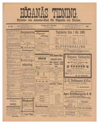 Historisk löpsedel från Höganäs tidning, år 1899 (Fri frakt!)