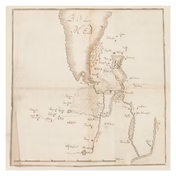 Historisk marschkarta över Angelstad, Torpa och södra Bolmen, sent 1600-tal