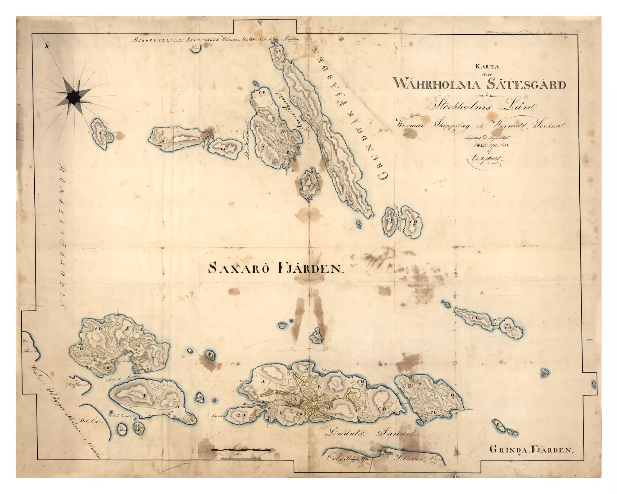 Historisk karta över Vårholma och Saxaröfjärden, år 1835
