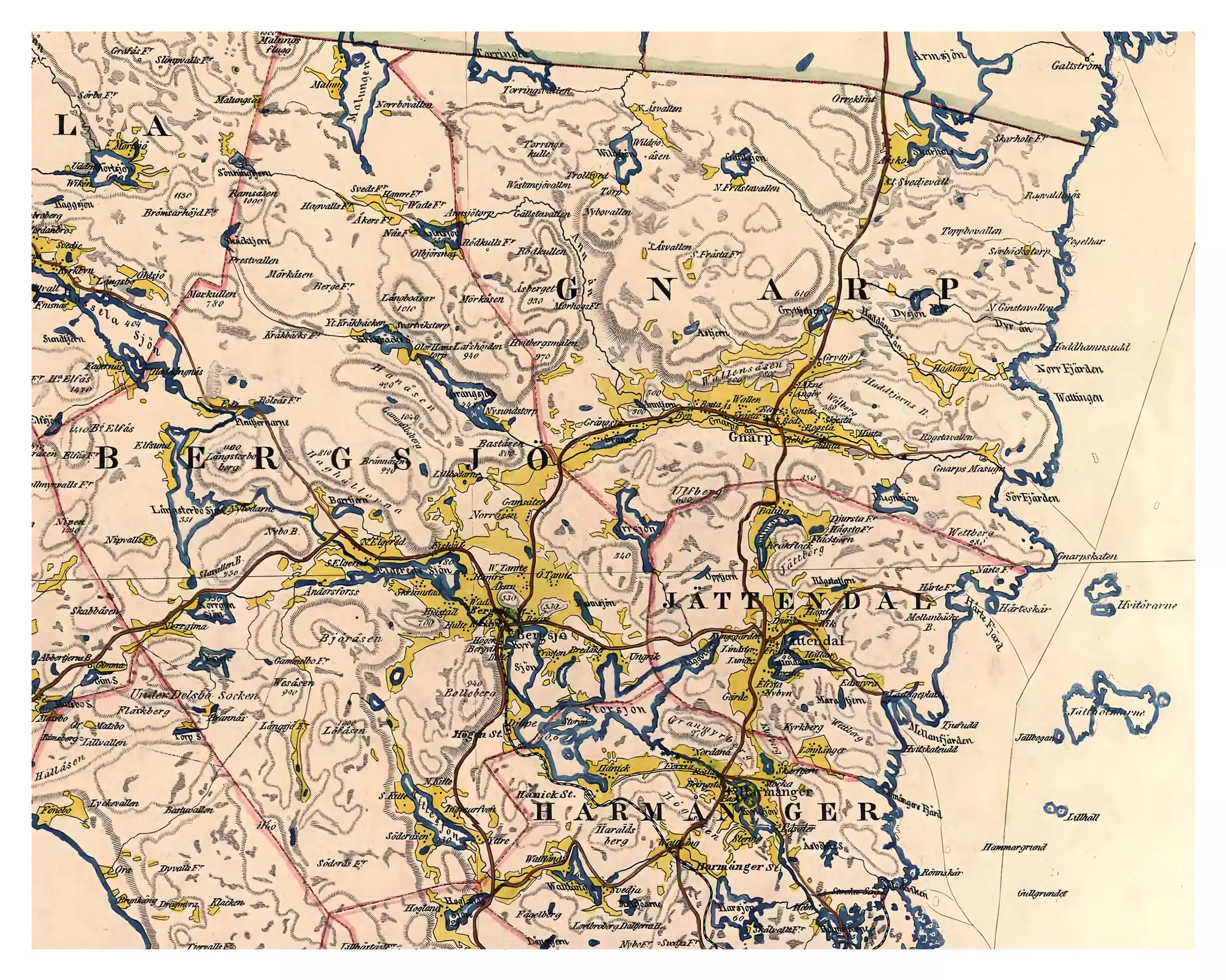 Historisk karta över Bergsjö, Jättendal och Gnarp, år 1851