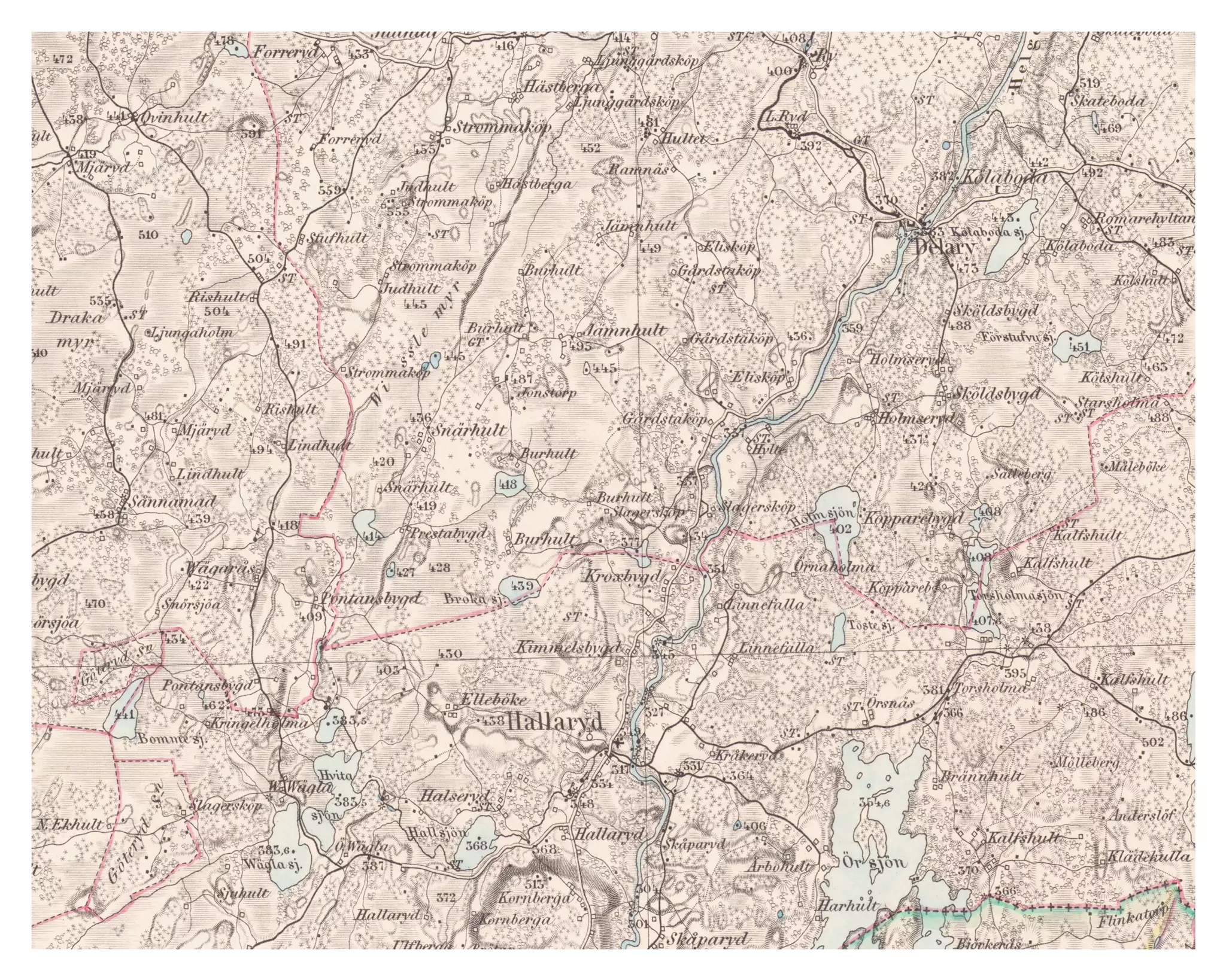Historisk karta Hallaryd, år 1870
