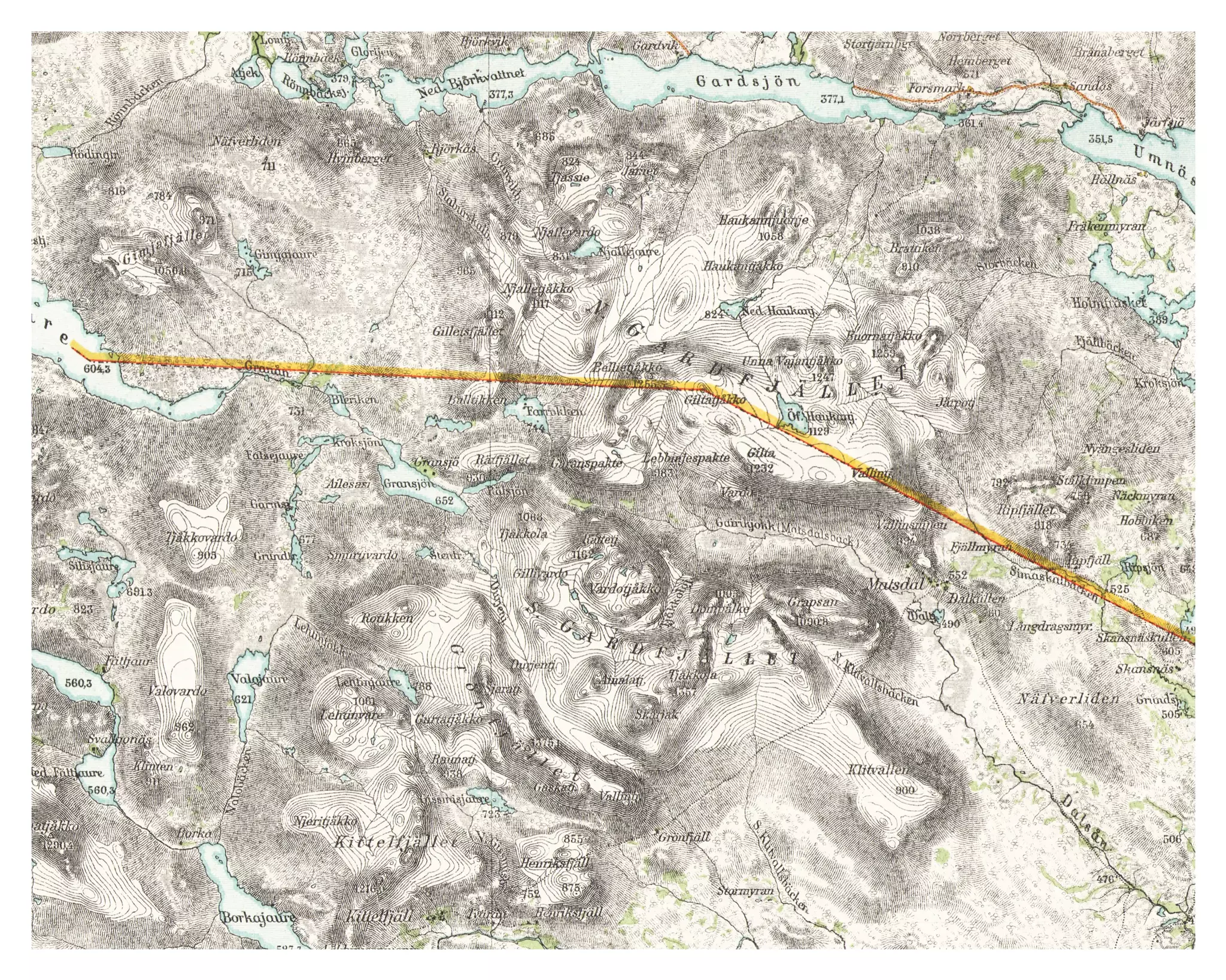 Historisk karta över norra och södra Gardfjället, år 1899