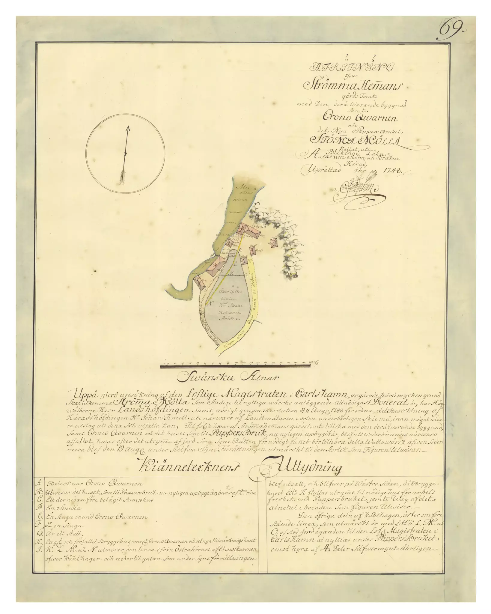 Historisk karta över Strömma, år 1748