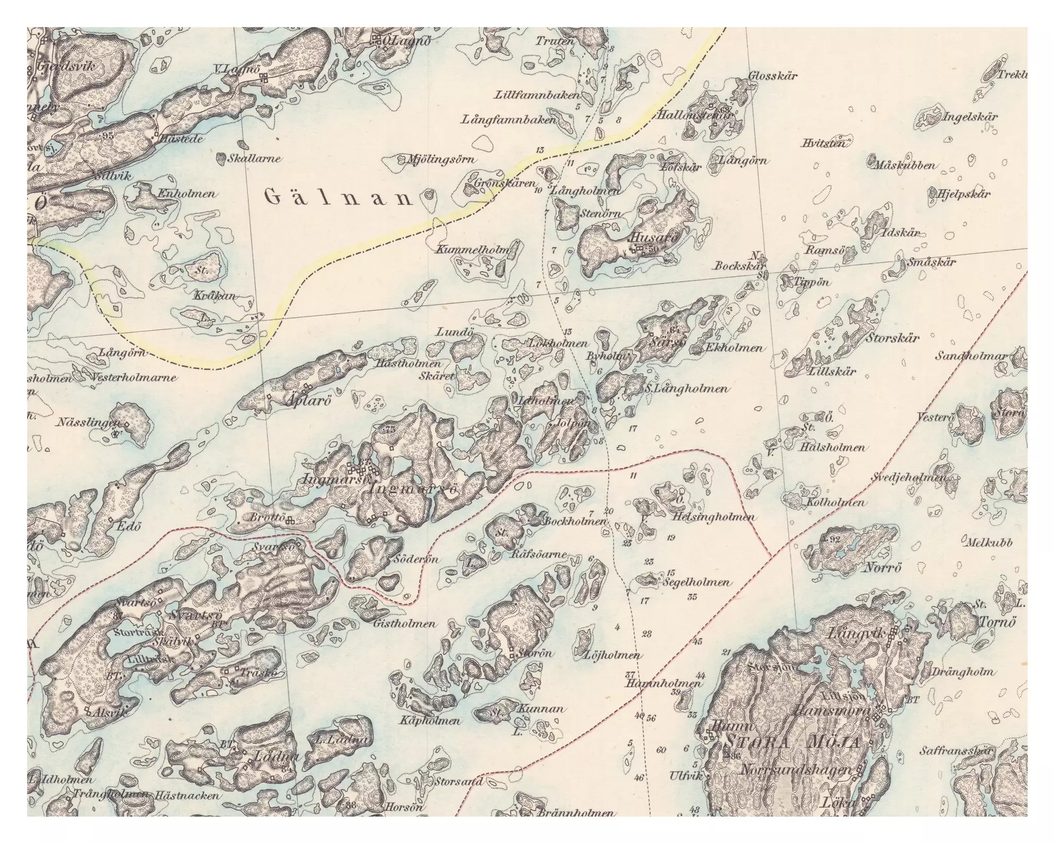 Historisk karta över Ingmarsö och Husarö, år 1877
