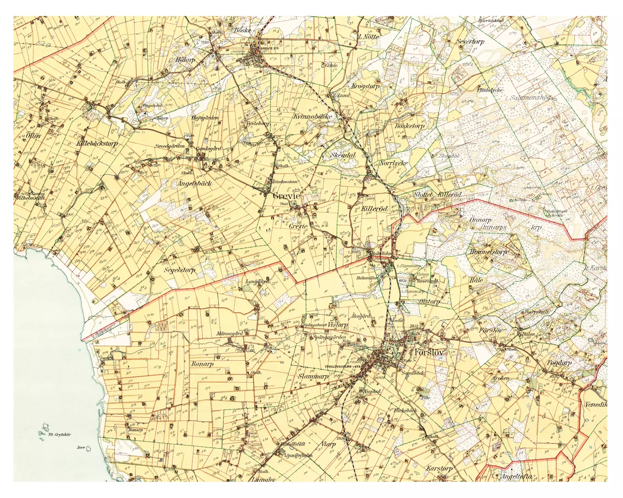 Historisk karta över Förslöv och Grevie, år 1928