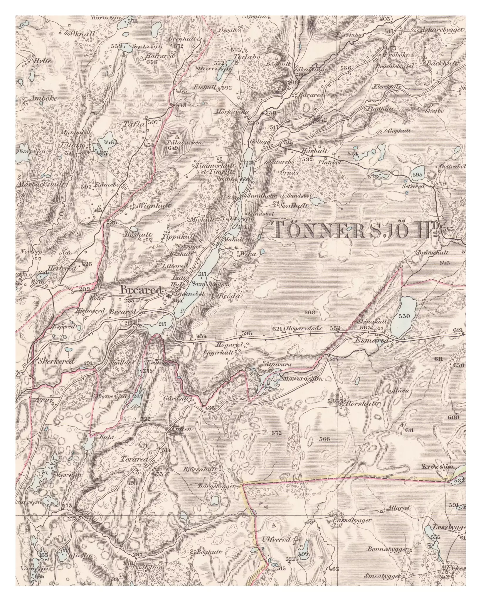 Historisk karta över Simlångsdalen och Breared, år 1870