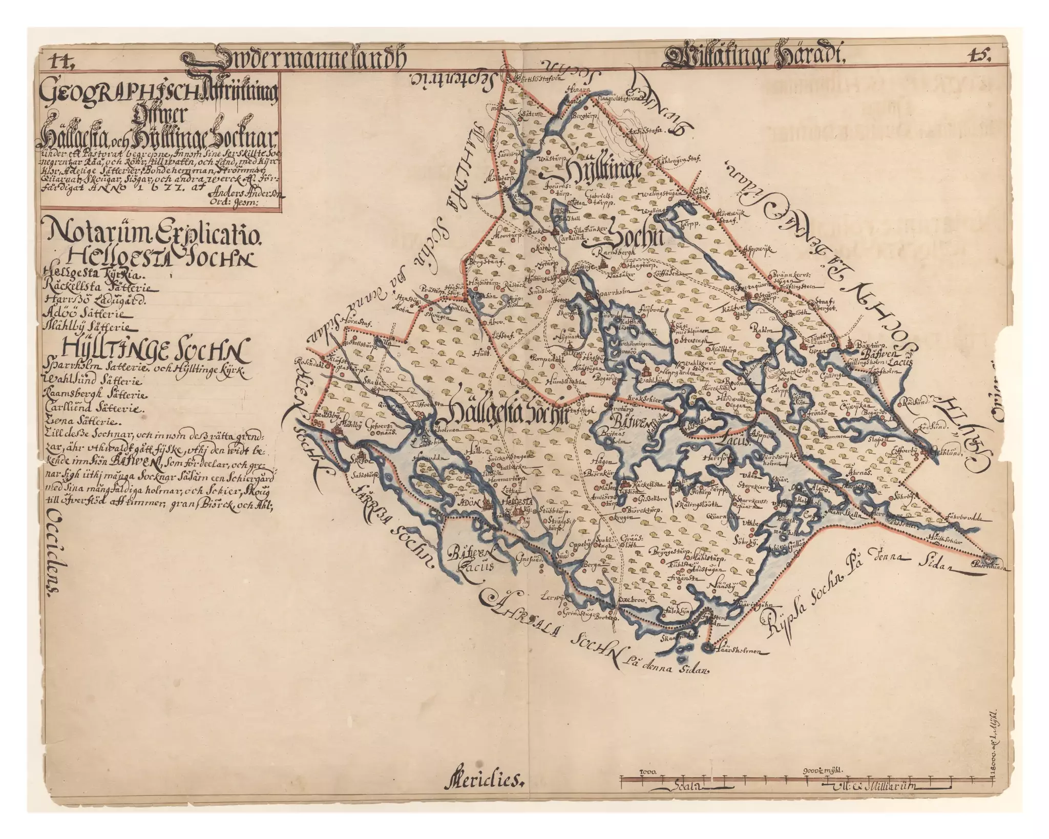 Historisk karta över Hyltinge och Helgesta socknar, år 1677