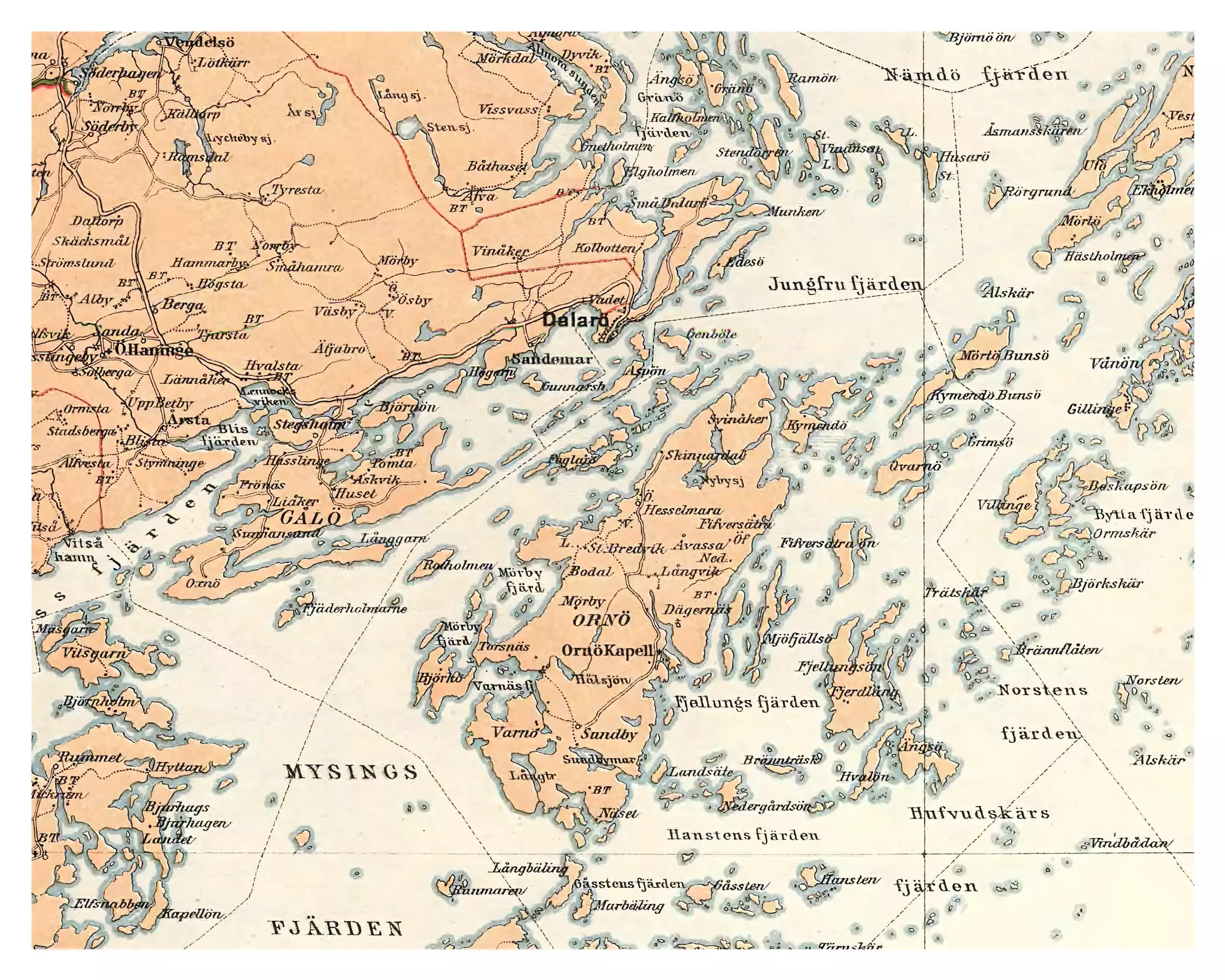 Historisk karta över Dalarö och Ornö, år 1886