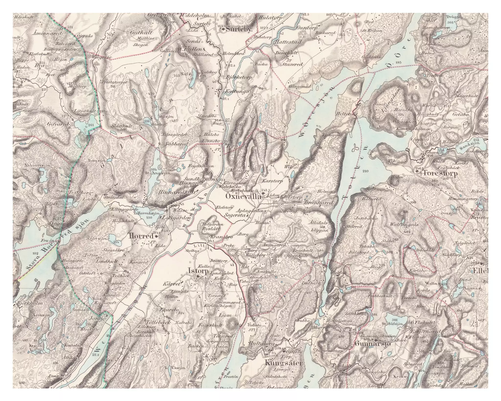 Historisk karta över Öxnevalla och Horred, år 1871