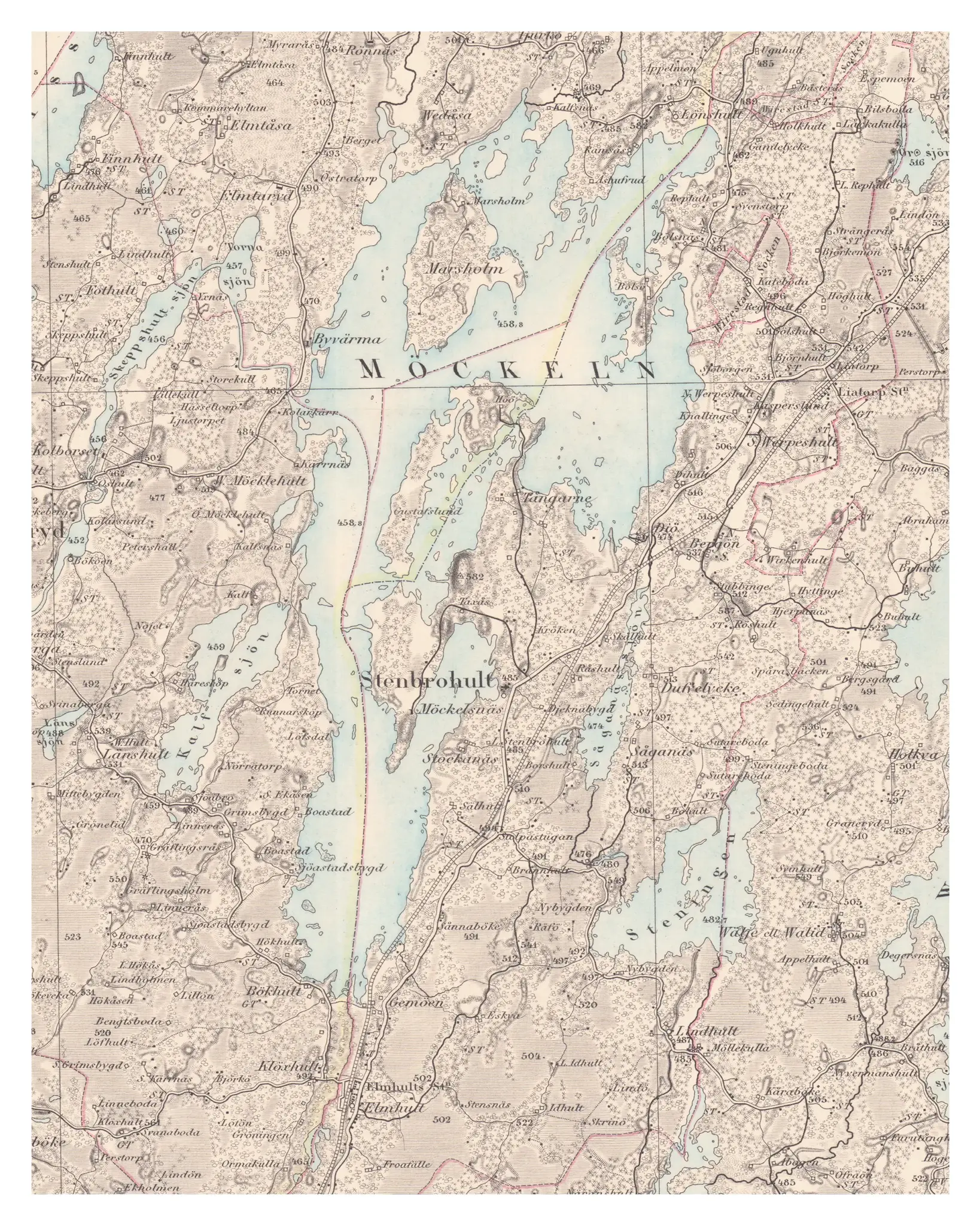 Historisk karta över sjön Möckeln, år 1869