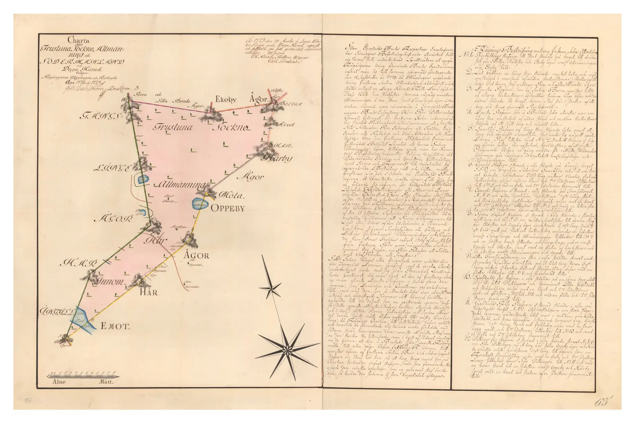 Historisk karta över Frustuna sockenallmäning, år 1779