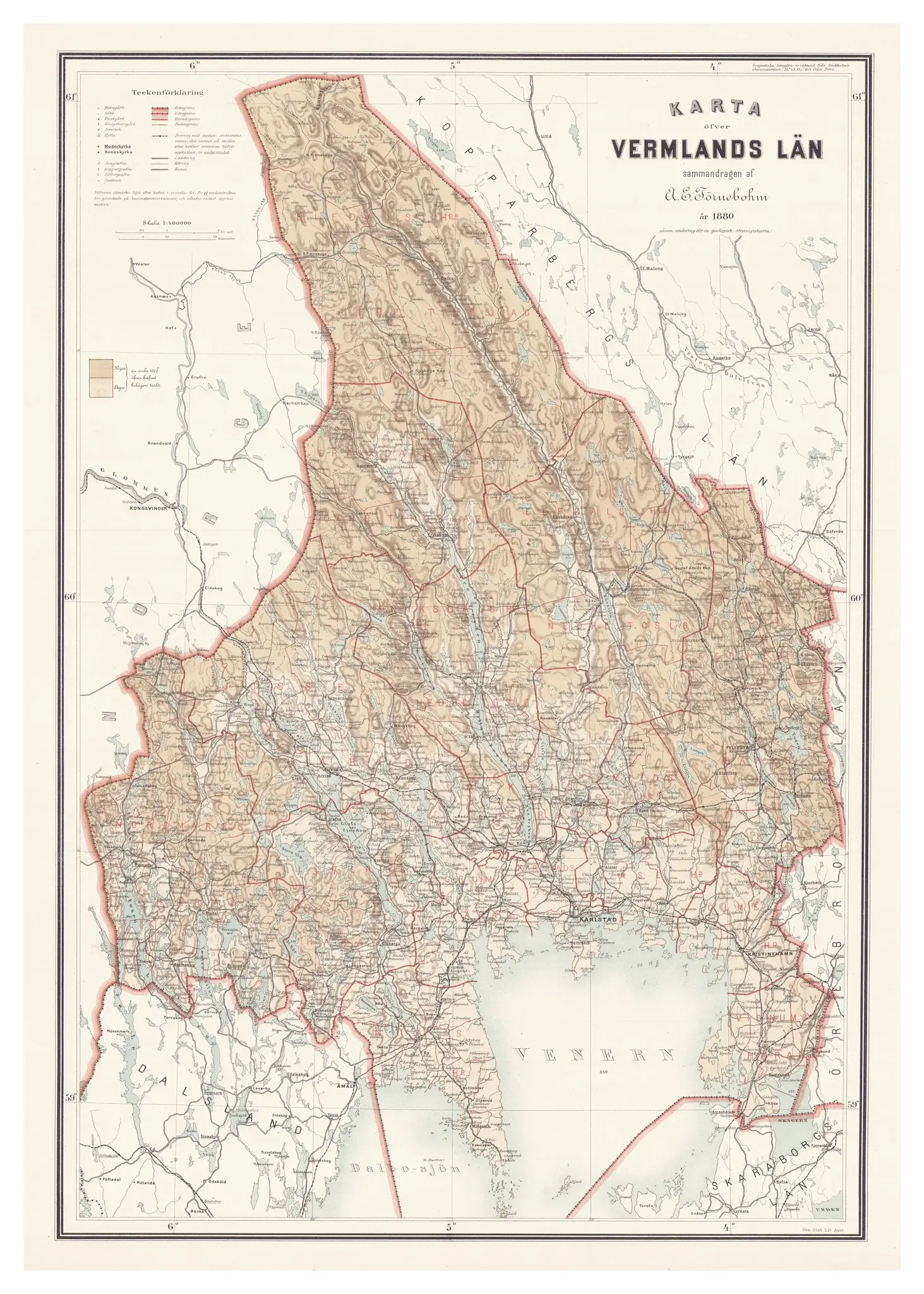 Historisk landskapskarta över Värmland, år 1880.