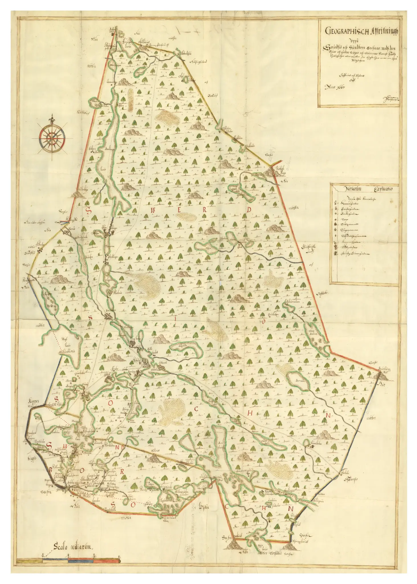 Historisk karta över Svärdsjö och Sundborn socknar, år 1667