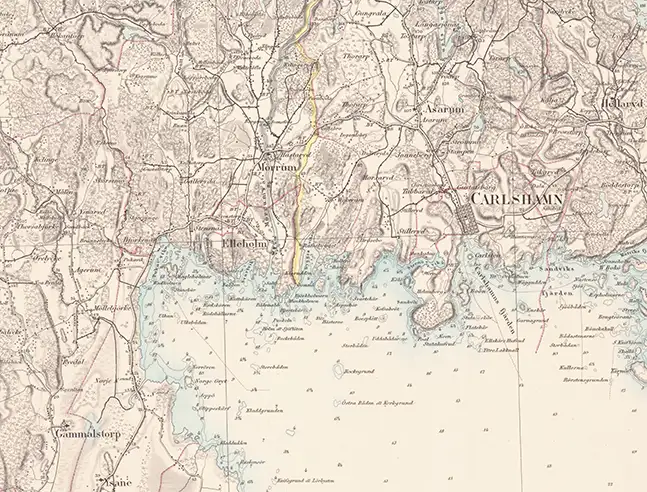 Historisk karta över Karlshamn med omnejd, år 1869
