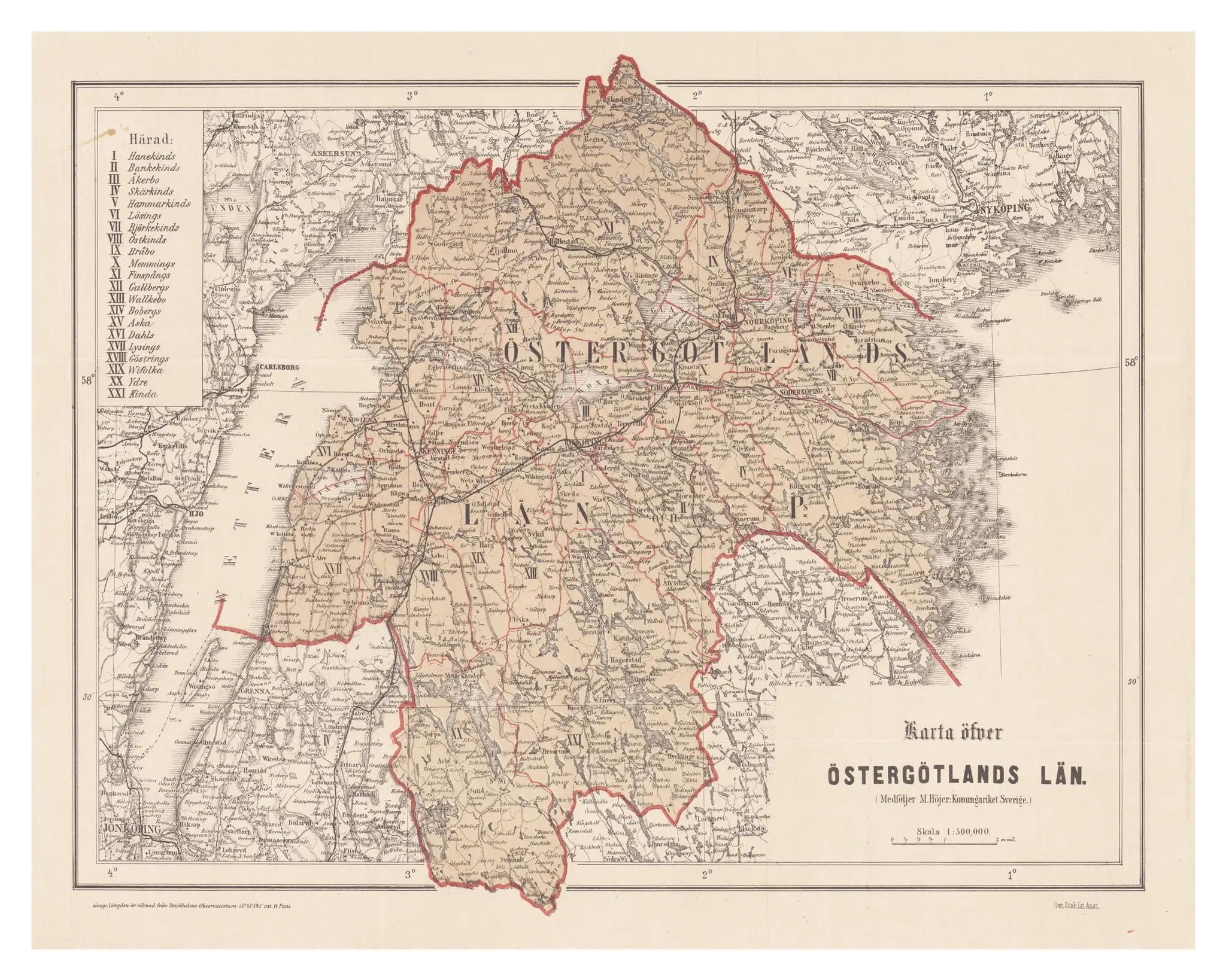 Historisk karta över Östergötland, år 1882
