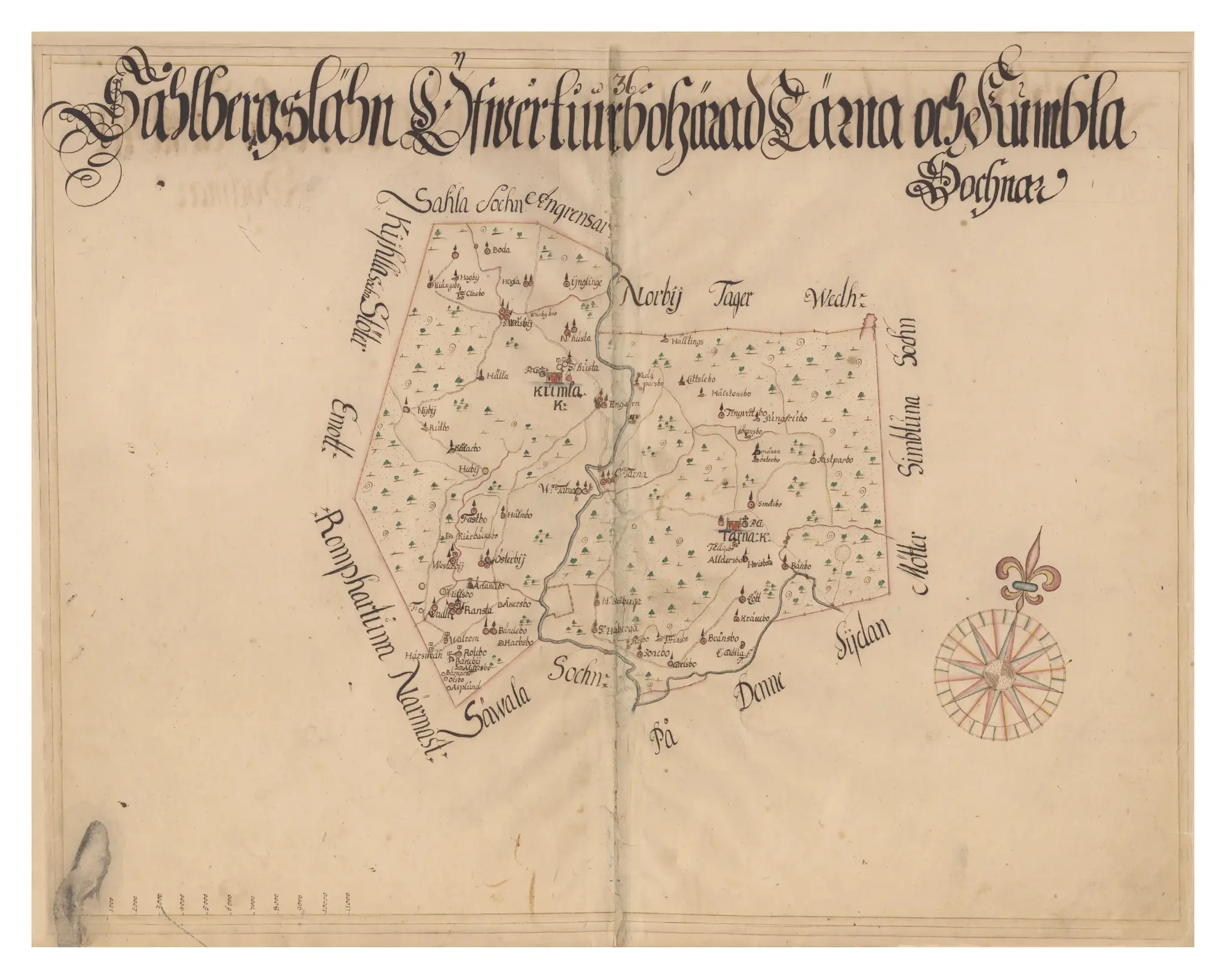 Historisk karta över Kumla och Tärna socknar, år 1688