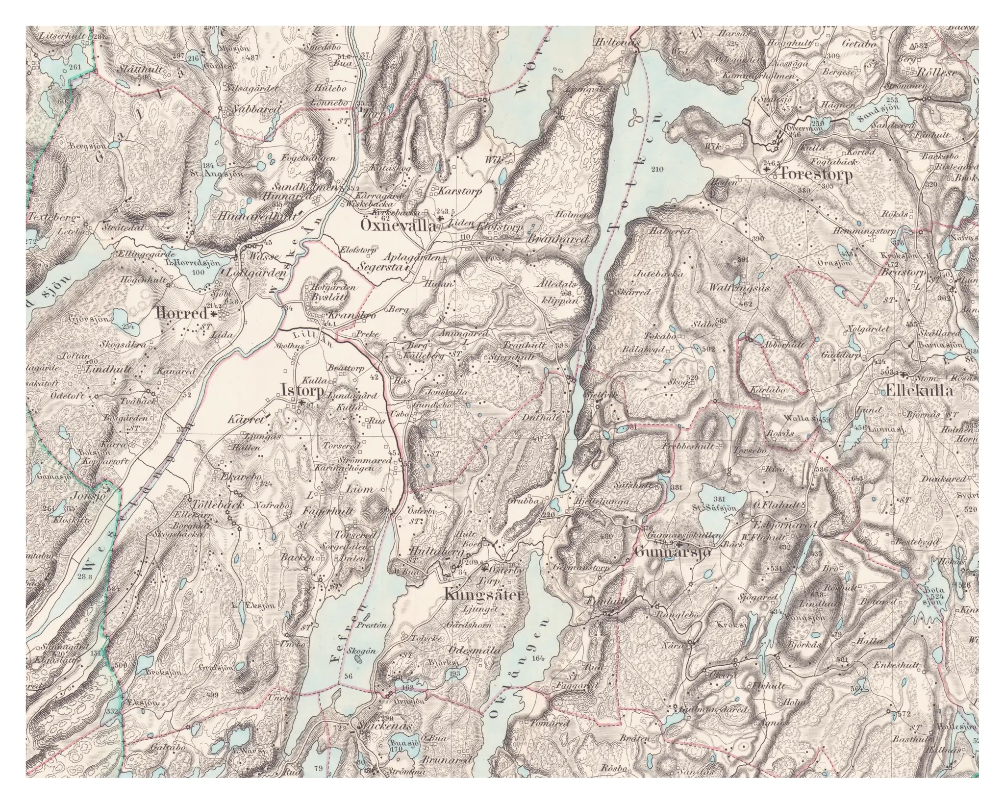 Historisk karta över Kungsäter och Gunnarsjö, år 1871