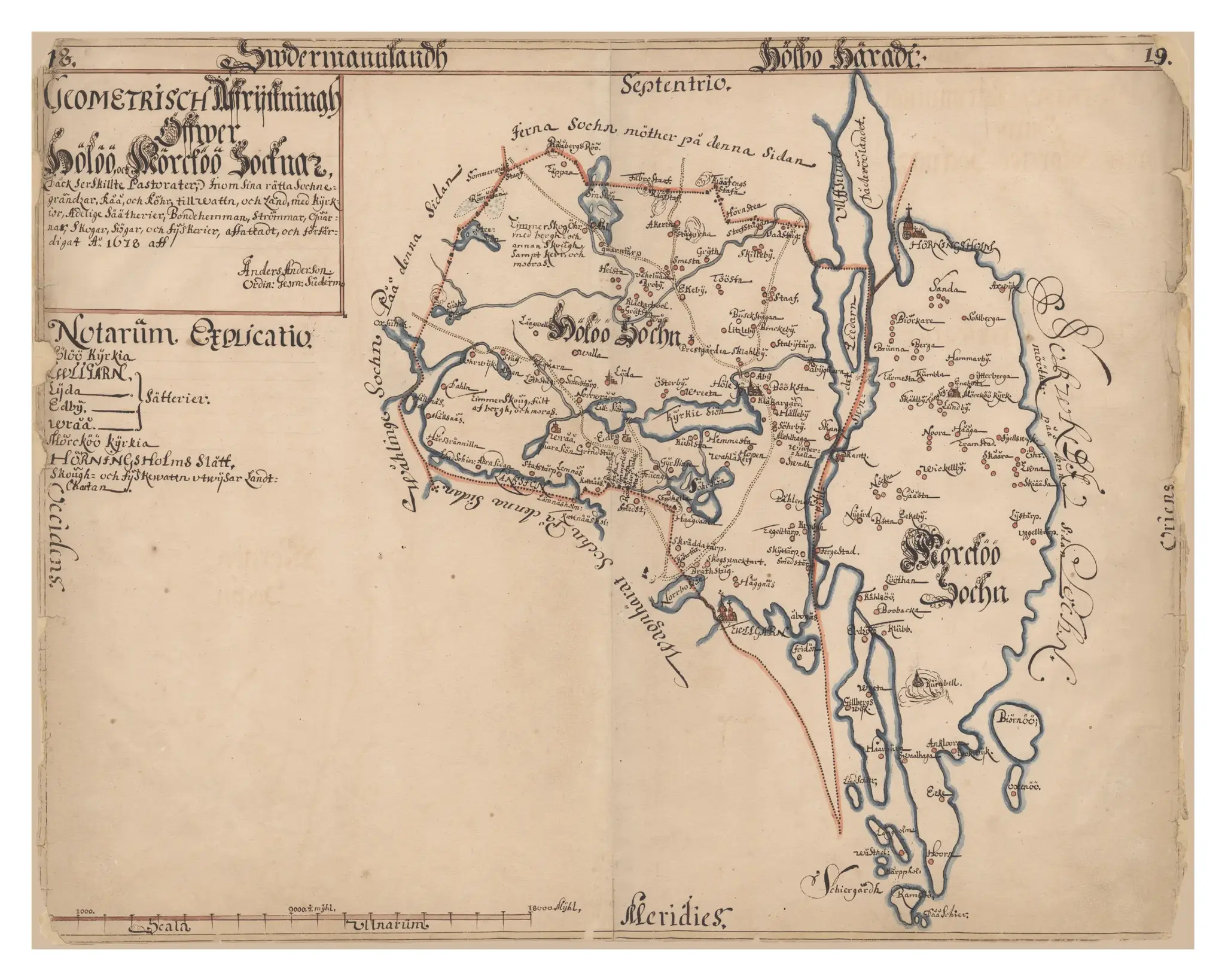 Historisk karta över Hölö och Mörkö socknar, år 1678