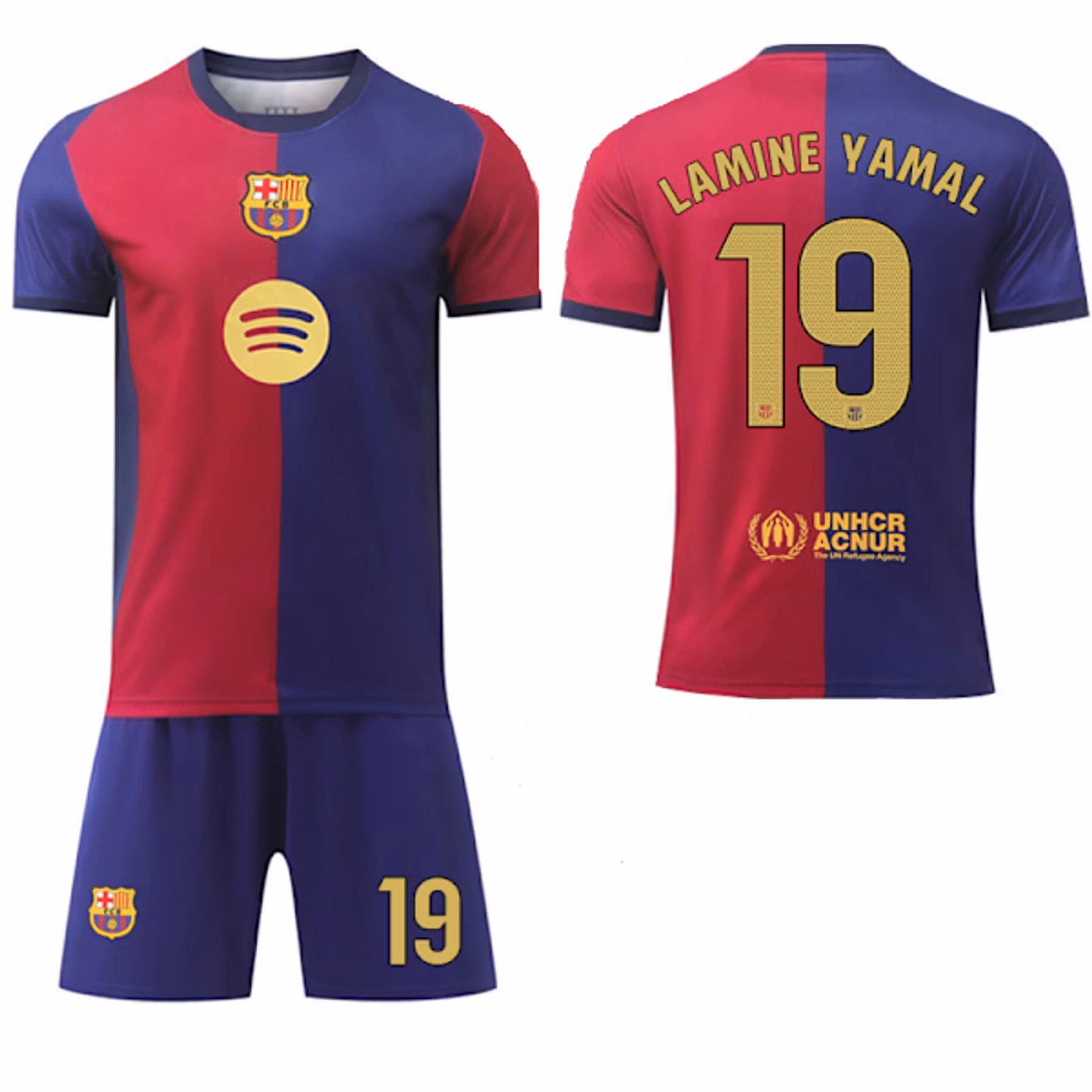 Barcelona Lamine Yamal fotbollströja barn med shorts, blå-röd design med nummer och namntryck.