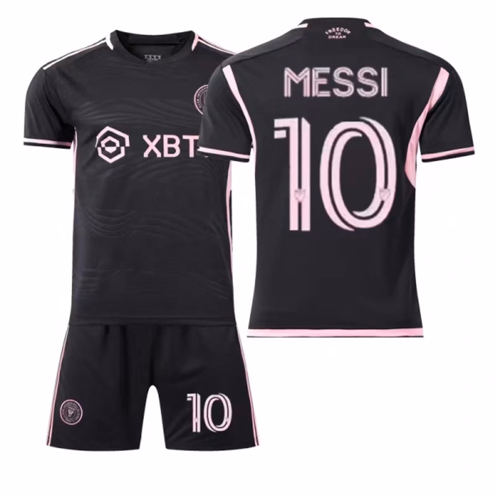 Fotbollströja barn med Inter Miami Messi design med shorts för barn, rosa tröja och shorts set med Messi-tryck.
