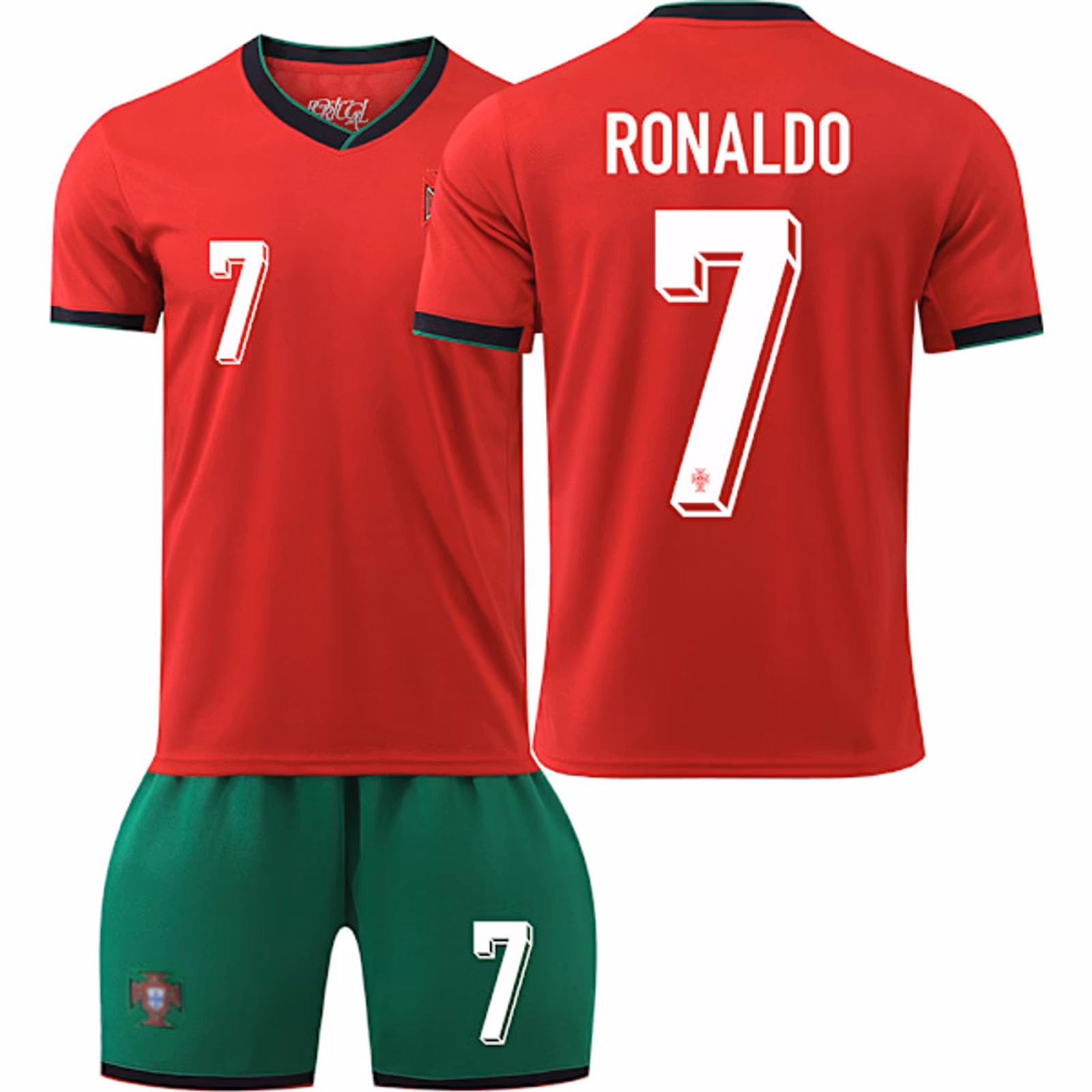 Portugal Ronaldo fotbollströja med shorts för barn, röd tröja med nummer 7 och Ronaldo-tryck.
