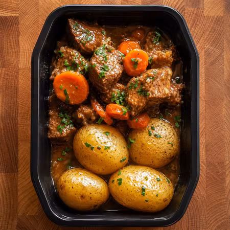 Skånsk kalops med kokt potatis och inlagda rödbetor