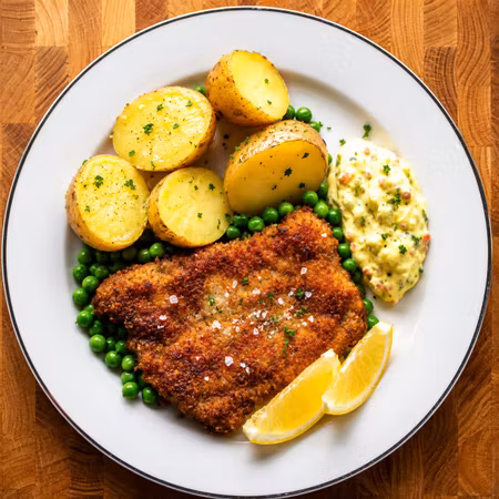 Panerad torskfilé med kokt potatis och remouladsås