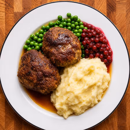 Wallenbergare med potatismos, brynt smör & rårörda lingon