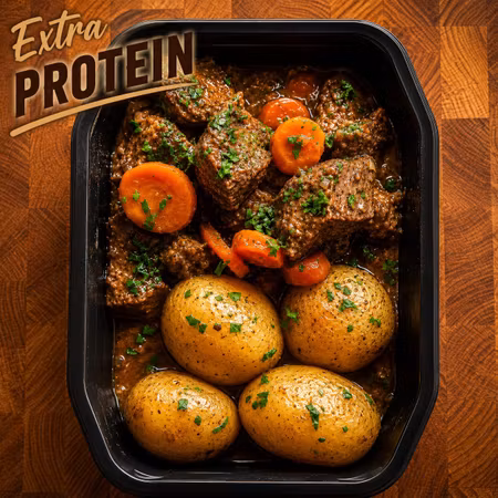 Skånsk kalops med kokt potatis och inlagda rödbetor