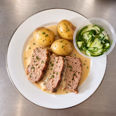 Köttfärslimpa med kokt potatis, brunsås och pressgurka