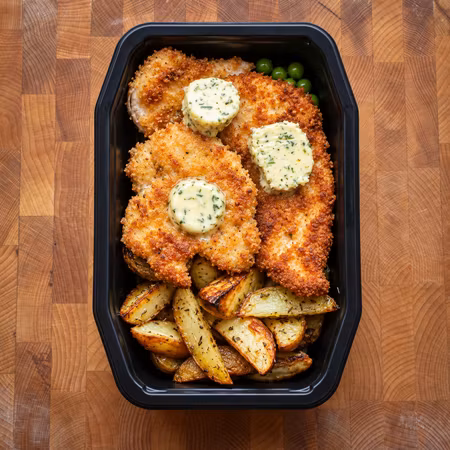 Kycklingschnitzel med rostad potatis och vitlökssmör