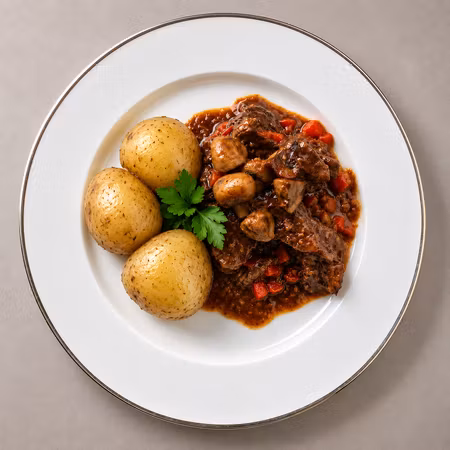 Boeuf Bourguignon med smörstekta champinjoner och kokt potatis