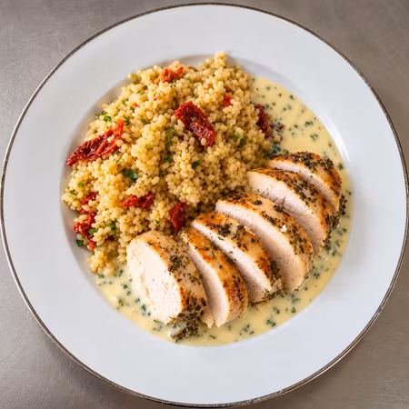 Kyckling med citron- och örtsås, bulgur och soltorkade tomater
