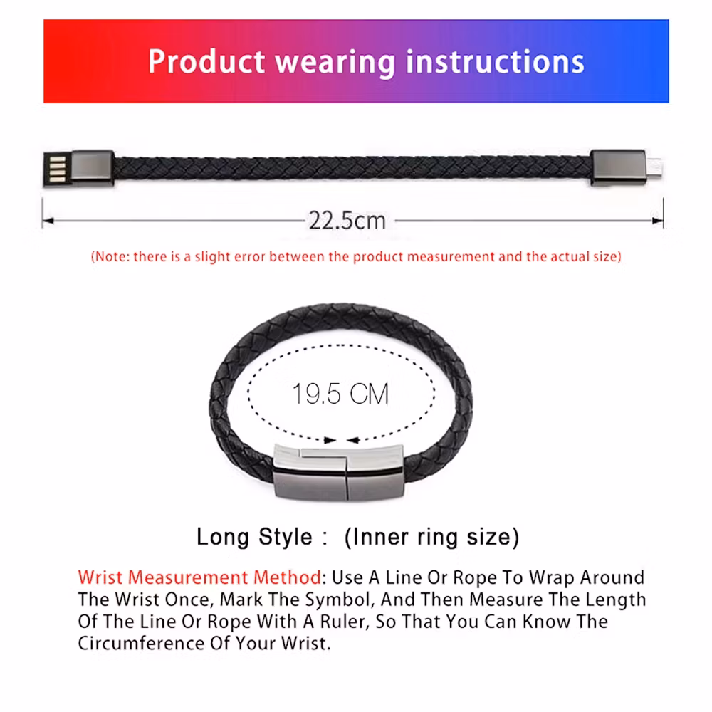 Läderarmband med inbyggd laddare, 3A USB till USB-C 22,5 cm