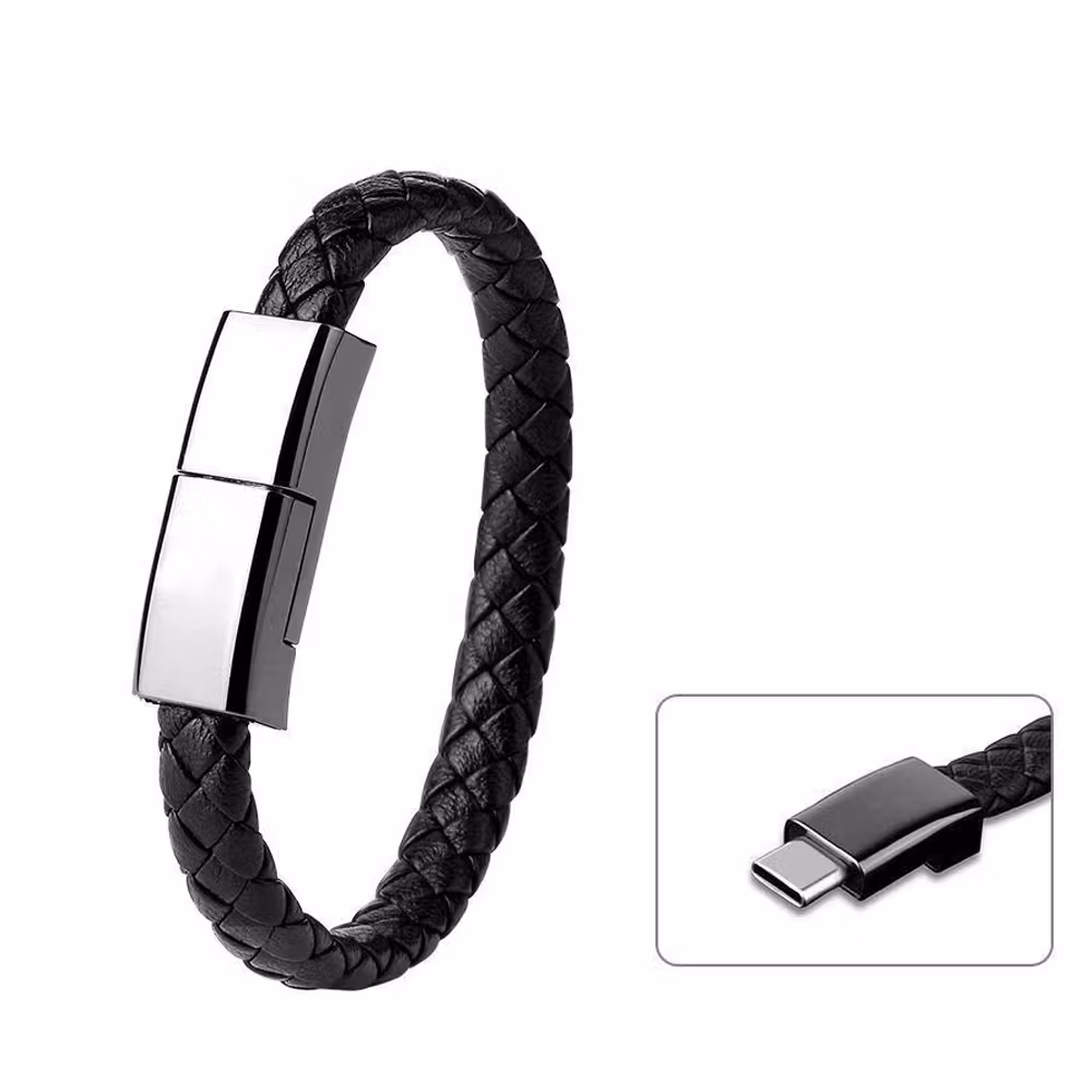 Läderarmband med inbyggd laddare, 3A USB till USB-C 20 cm