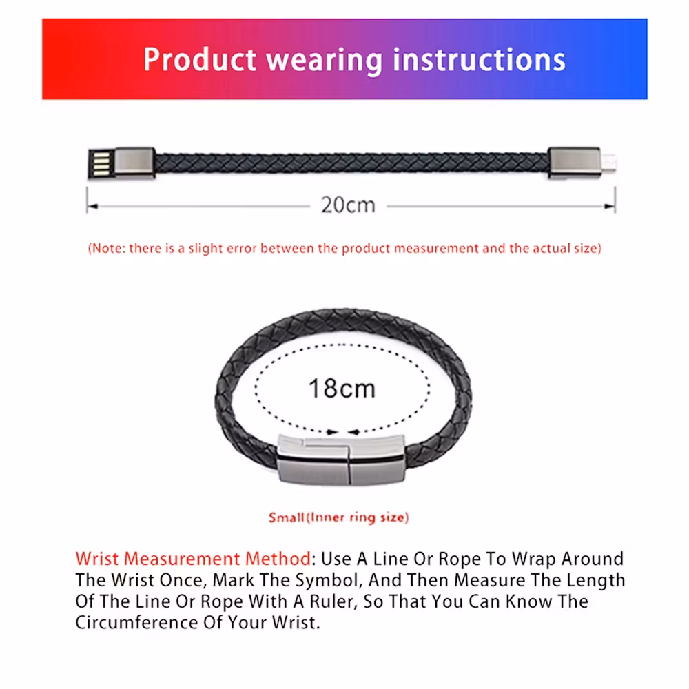 Läderarmband med inbyggd laddare, 3A USB till USB-C 20 cm
