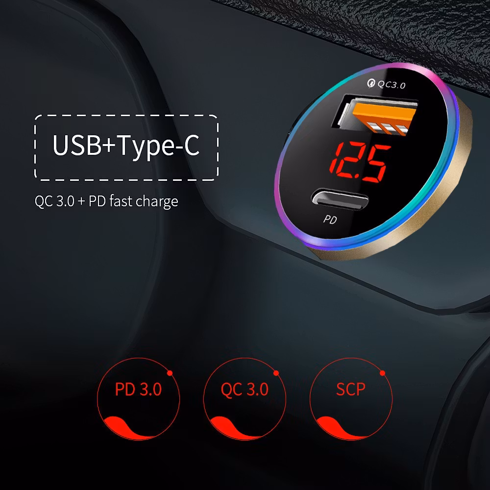 Biladapter med Digital Display PD+QC3.0 i elegant svart