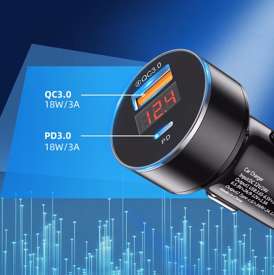 Biladapter med Digital Display PD+QC3.0 i elegant svart