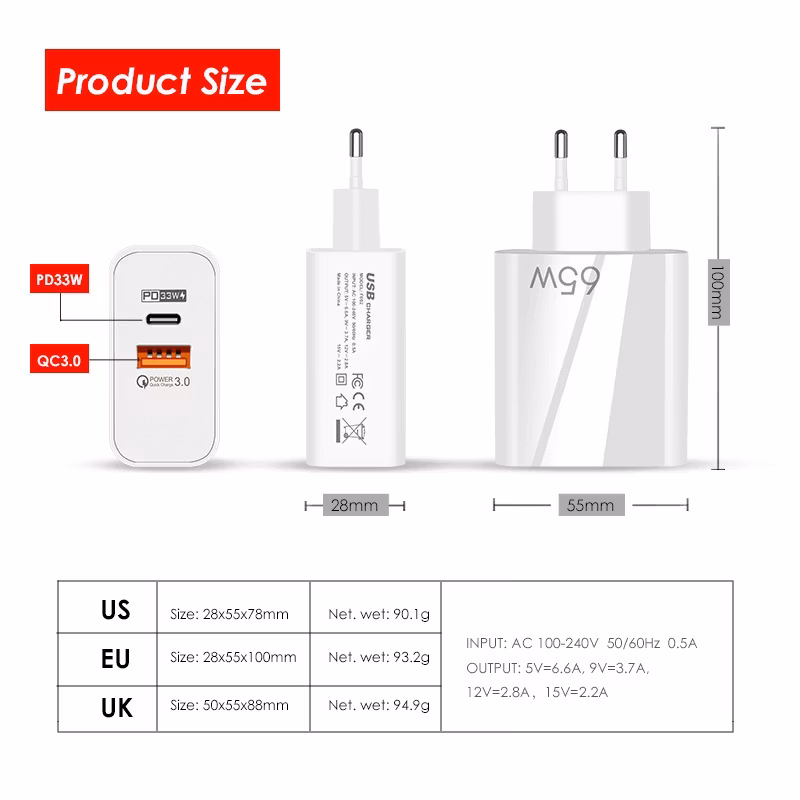 Universalladdare 65W USB-C/Typ-C+USB