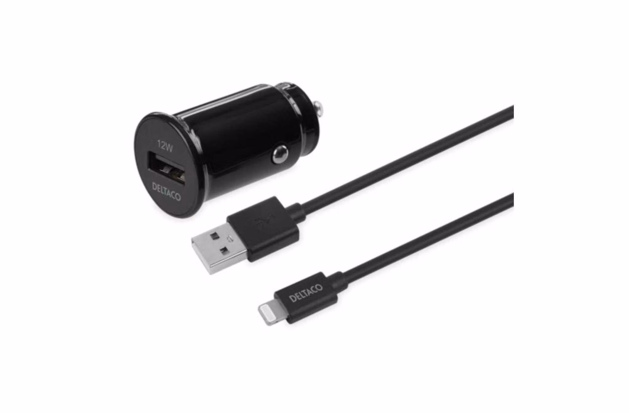 USB billadare med avtagbar USB-A till Lightning kabel, 12 W, 1m kabel, MFi, svart